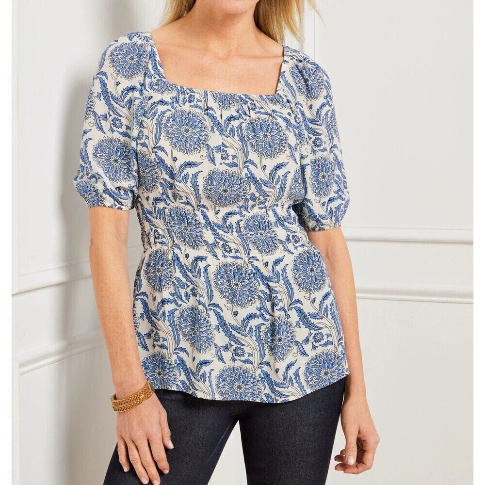 Talbots Blue Floral Peblum Puff Sleeve Blouse Elastic Waist 100% viscose size M